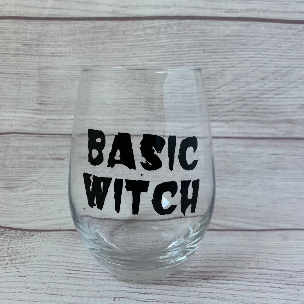 Basic Witch Clear Stemless Wine Glass Halloween Decor
